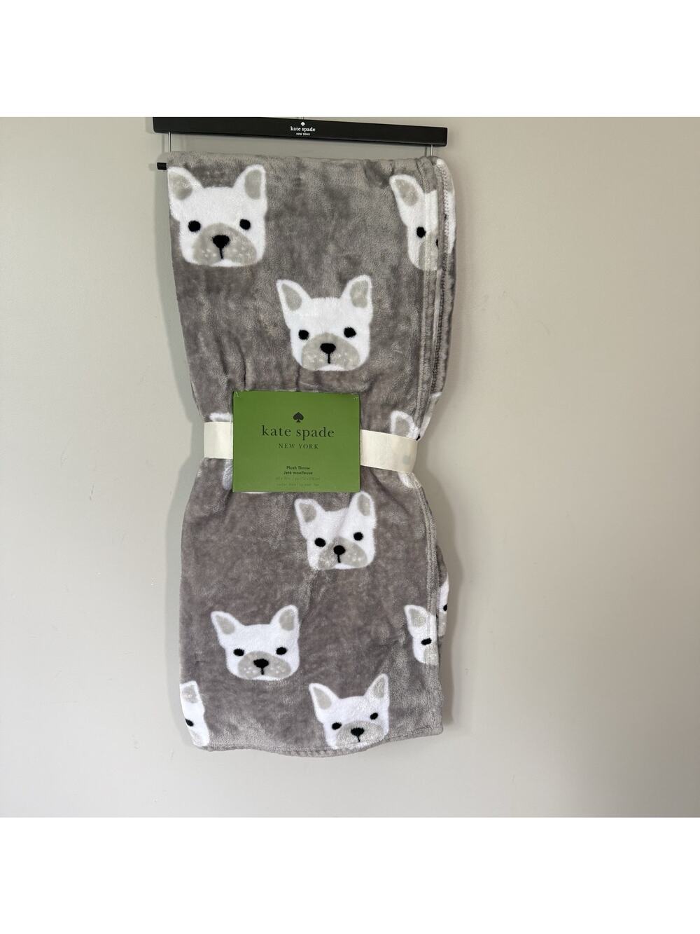 Kate Spade Plush Fleece Throw Blanket Gray French Bulldog Prints 60” X 70” New